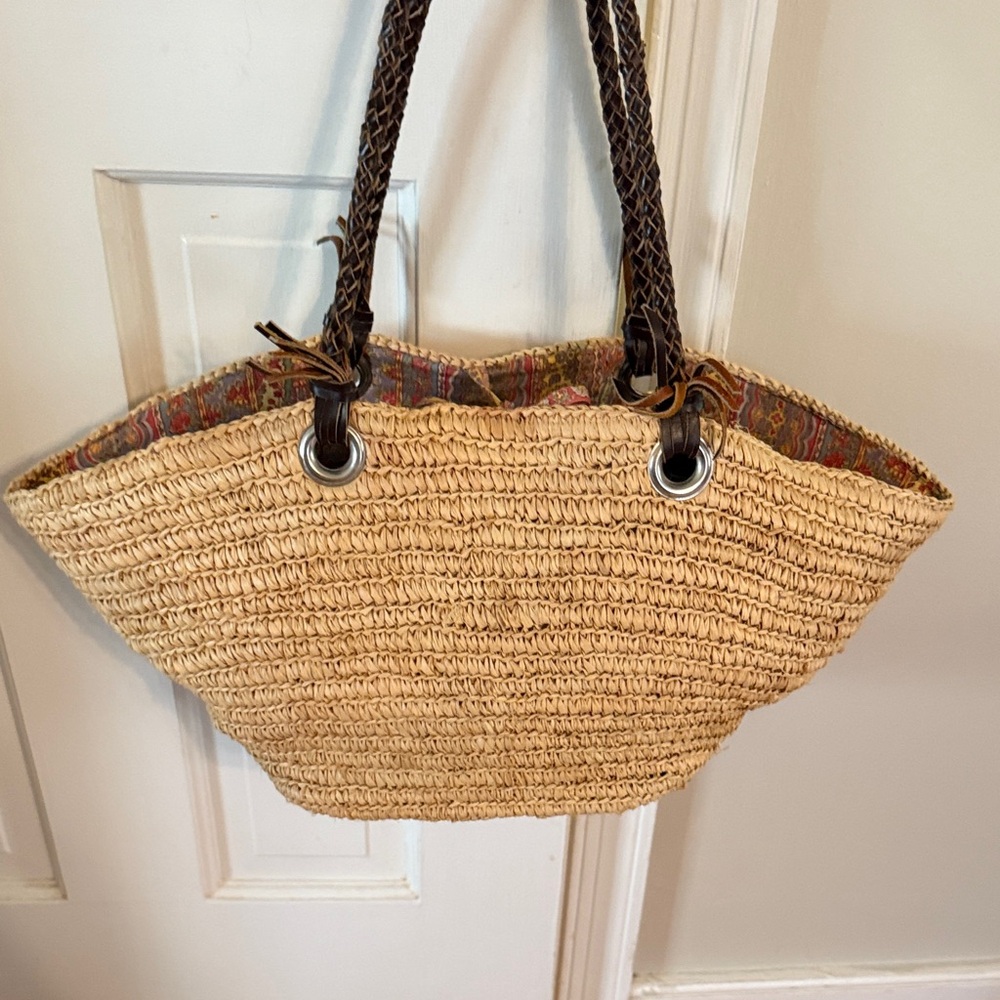 Buji Baja Stylish Tan Woven Tote Bag With Braided Leather Handles
